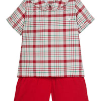 Little English toddler boy's holiday outfit, plaid peter pan shirt with red corduroy shorts for christmas