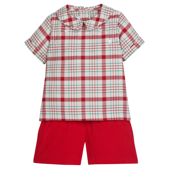 Little English toddler boy's holiday outfit, plaid peter pan shirt with red corduroy shorts for christmas