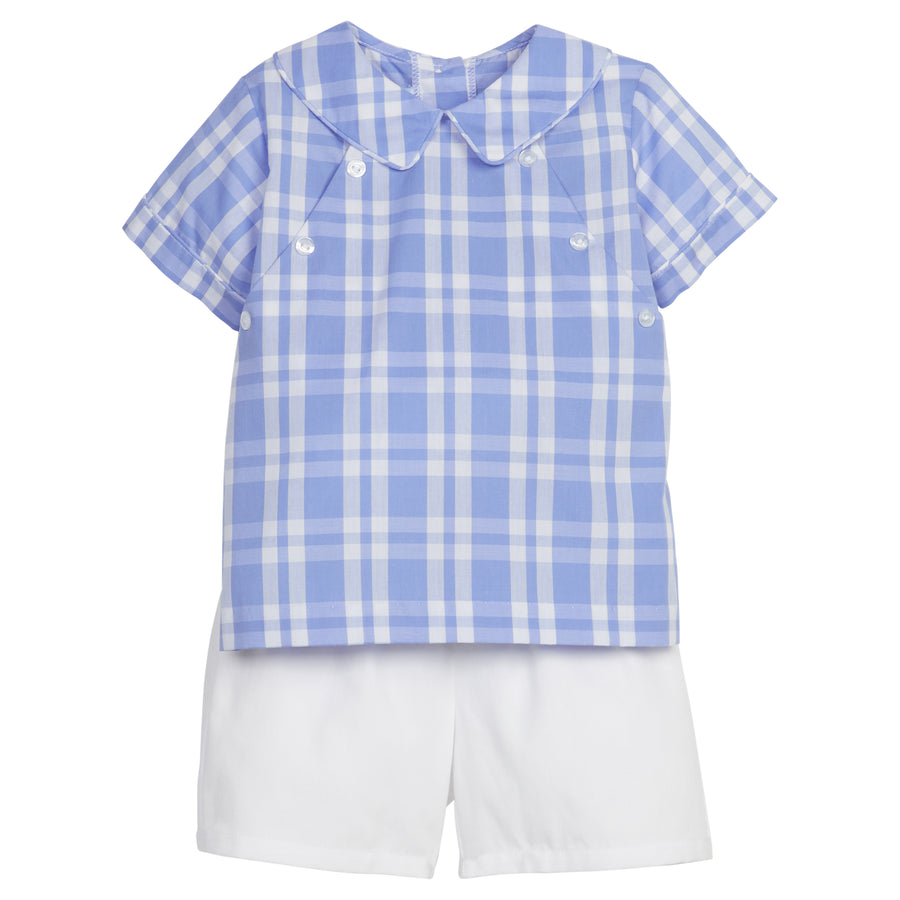Little English classic boy's short set for spring, eaton collar top in blue and white plaid with white elastic waist shorts