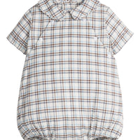 little english classic children's clothing baby boys light blue, cream, and brown plaid bubble with collar and buttons at chest for fall 