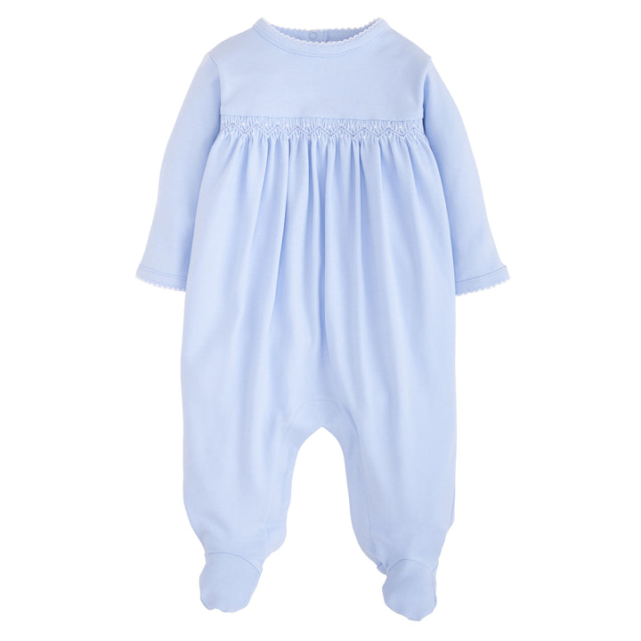Little English baby boy's smocked footie, soft pima cotton footed playsuit with white picot trim