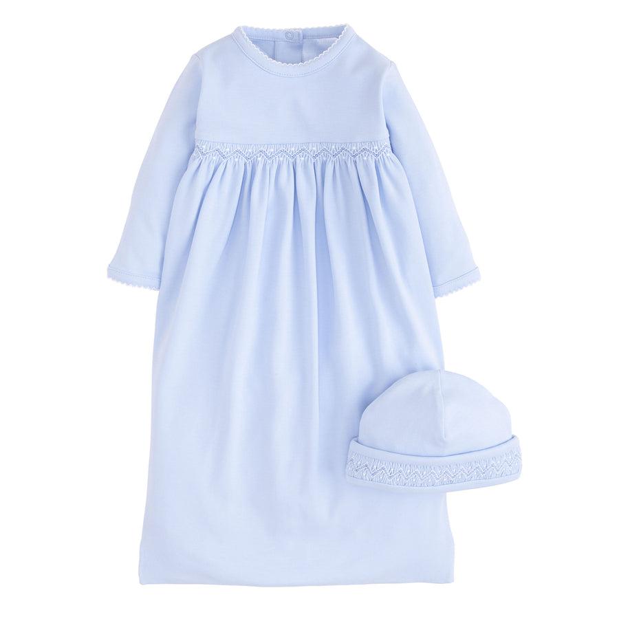 Little English newborn gown and hat set in blue, baby boy's soft cotton snap gown with smocking