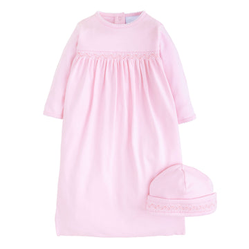 Little English newborn gown and hat set in pink, baby girl's soft cotton snap gown with smocking