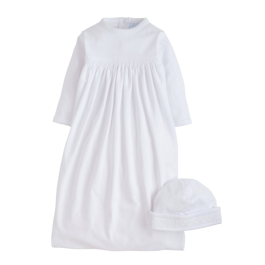 Little English newborn gown and hat set in white, soft cotton snap gown with smocking for baby