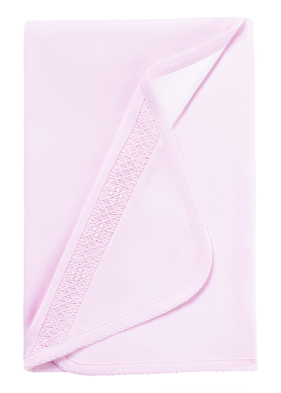Little English pima cotton newborn receiving blanket in pink with smocking detail