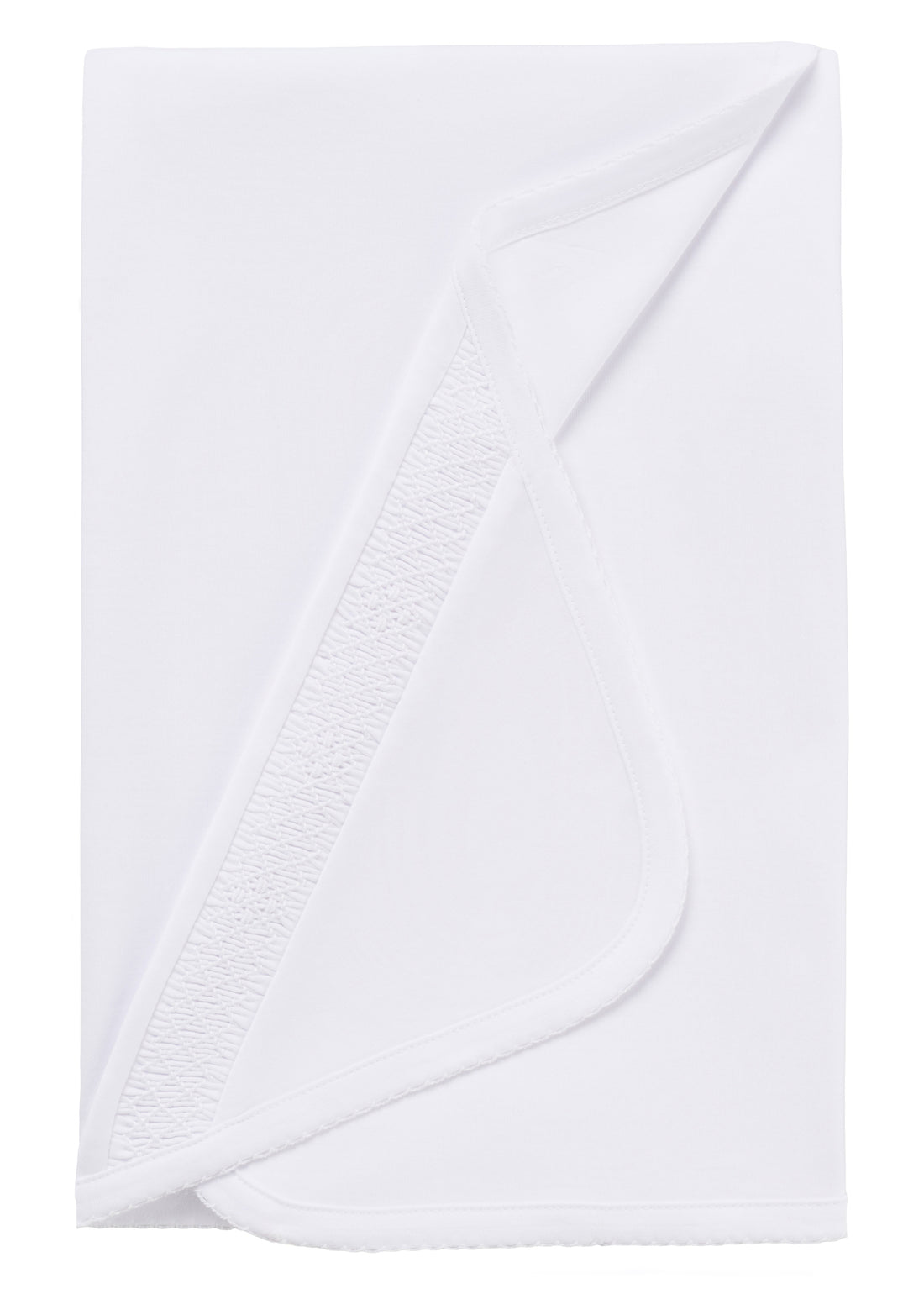 Little English pima cotton newborn receiving blanket in white with smocking detail