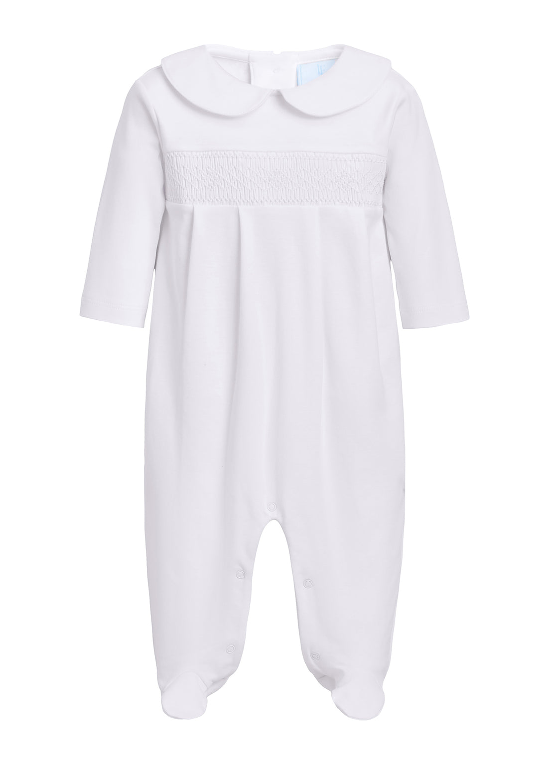 Little English pima cotton newborn smocked footie in white, classic and traditional baby outfit
