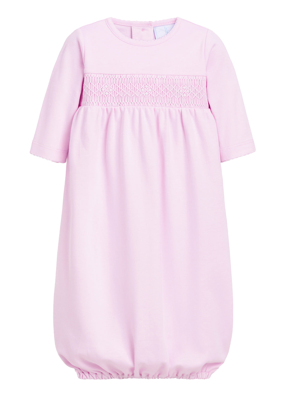 Little English pima cotton newborn receiving gown in pink with smocking
