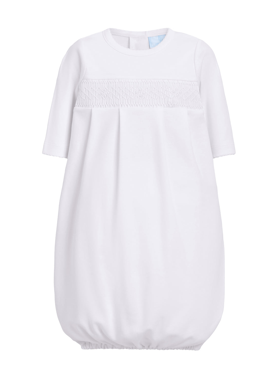 Little English pima cotton newborn receiving gown in white with smocking
