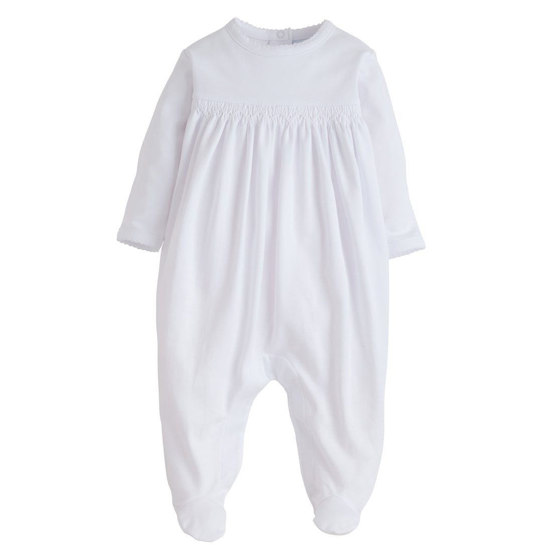 Little English smocked footie for baby, soft white cotton with picot trim