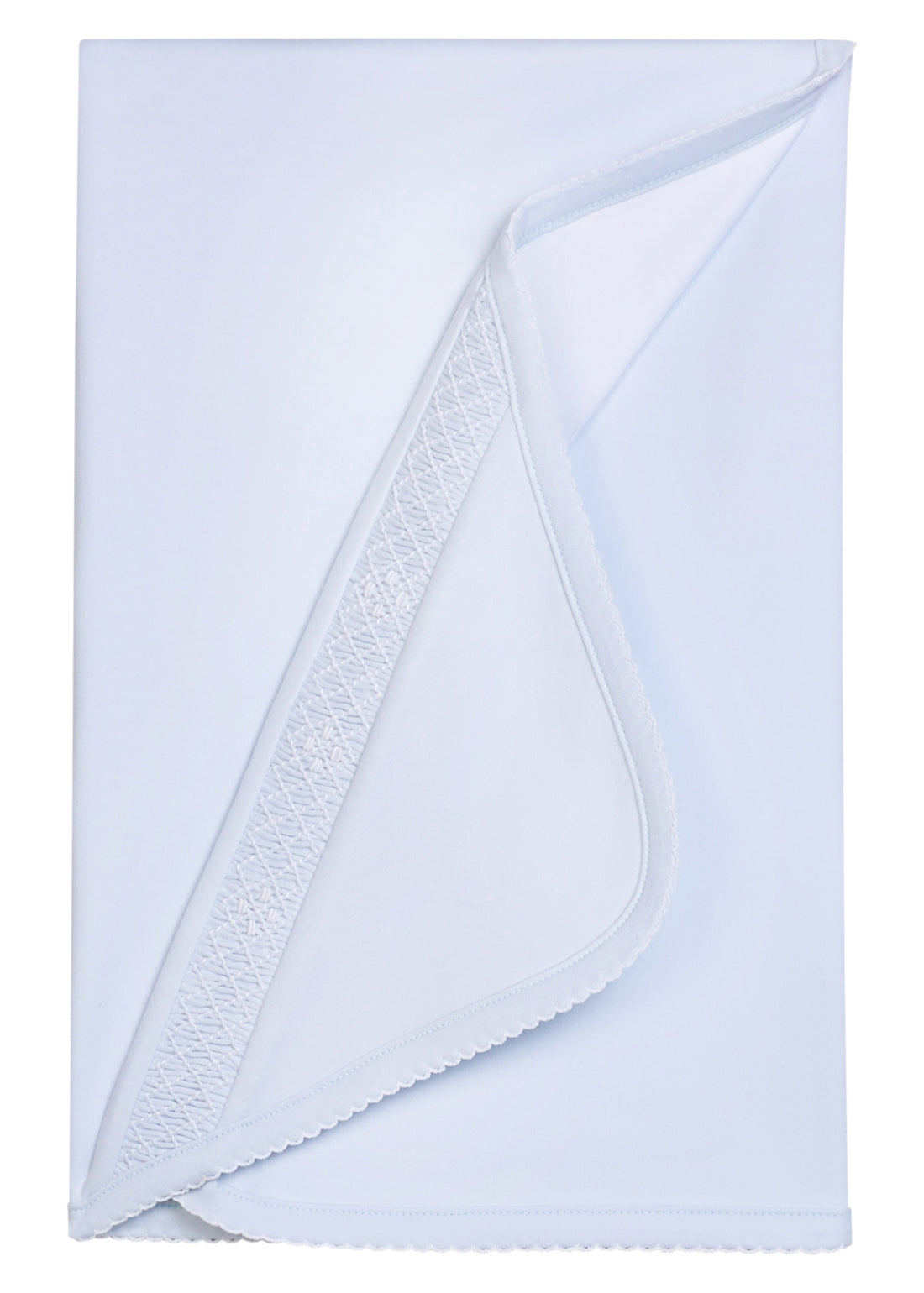 Little English pima cotton newborn receiving blanket in blue with smocking detail