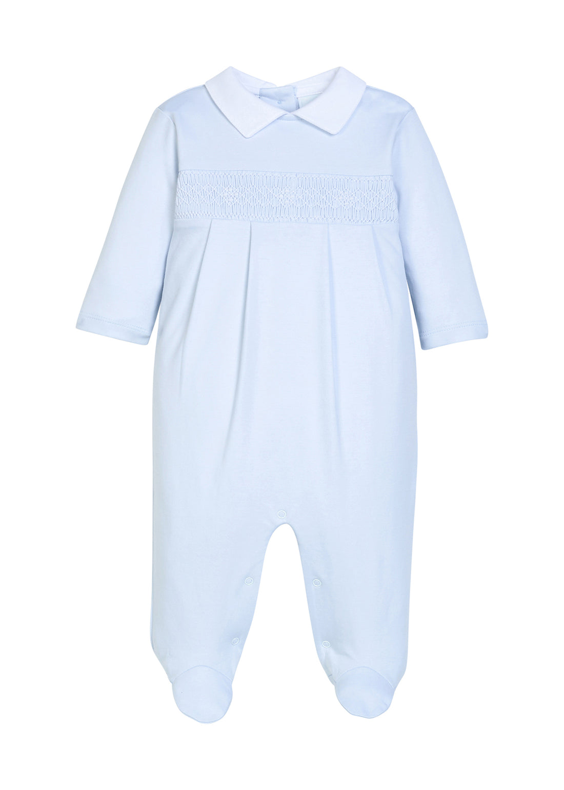 Little English pima cotton newborn smocked footie in white, classic and traditional baby outfit with eaton collar in white