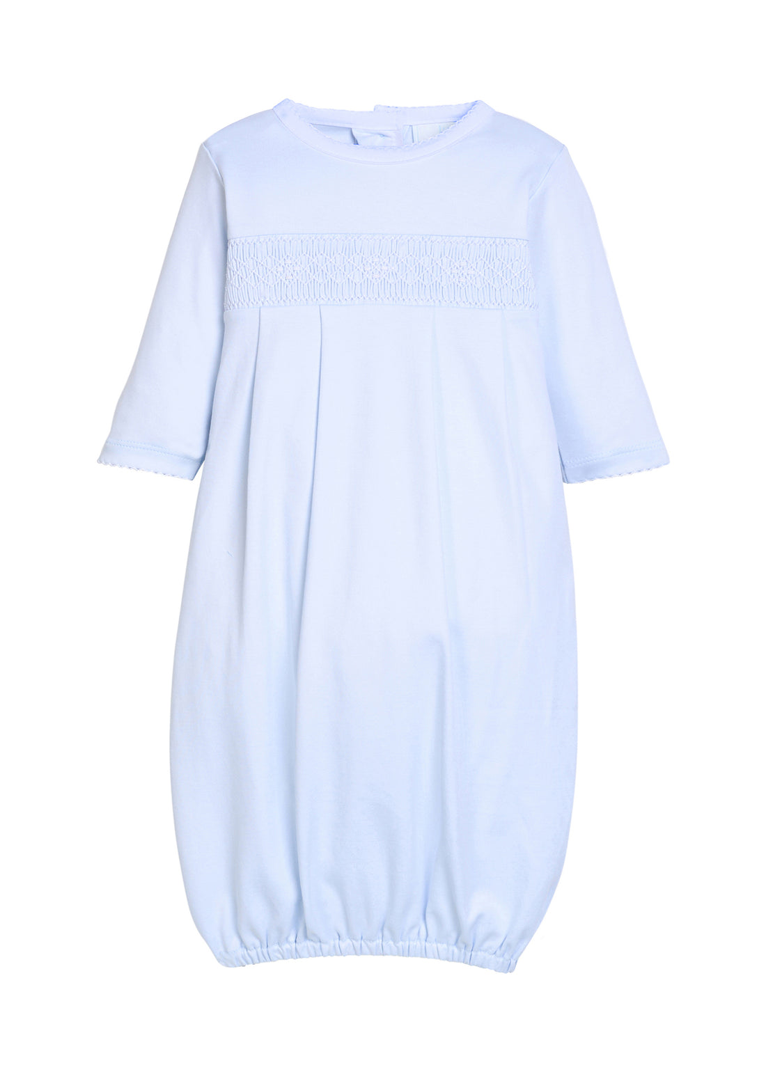 Little English pima cotton newborn receiving gown in white with smocking
