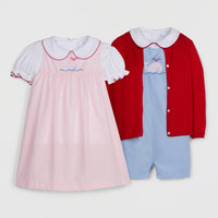 Little English classic children's clothing, girl's short sleeve knit blouse with peter pan collar and red picot trim