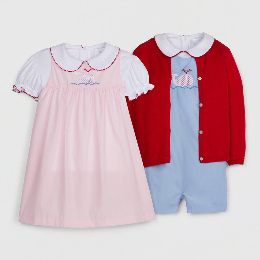 Little English classic children's clothing, girl's short sleeve knit blouse with peter pan collar and red picot trim