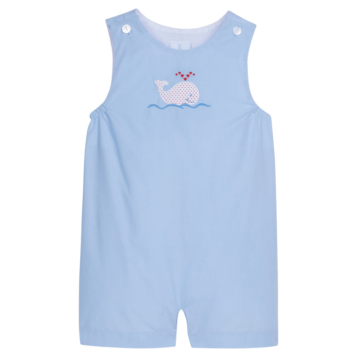 Little English traditional children's clothing, light blue shortall for toddler boys with whale applique for Spring