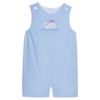 Little English traditional children's clothing, light blue shortall for toddler boys with whale applique for Spring