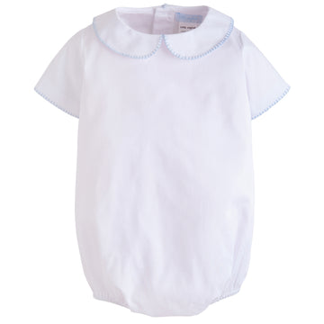 Little English baby boy's dressy white bubble with light blue whipstitch collar