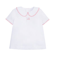 classic childrens clothing boys shirt with peter pan collar, whipstitch detail, and flag embroidery