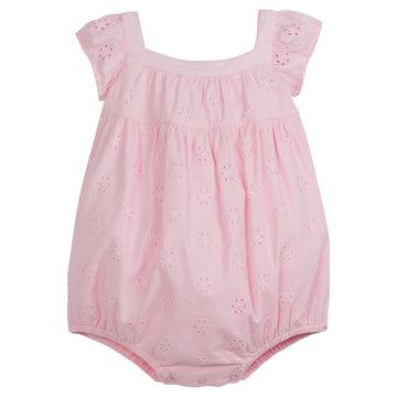 Little English traditional children's clothing, baby girl's casual eyelet bubble in pink with flutter sleeve for Spring