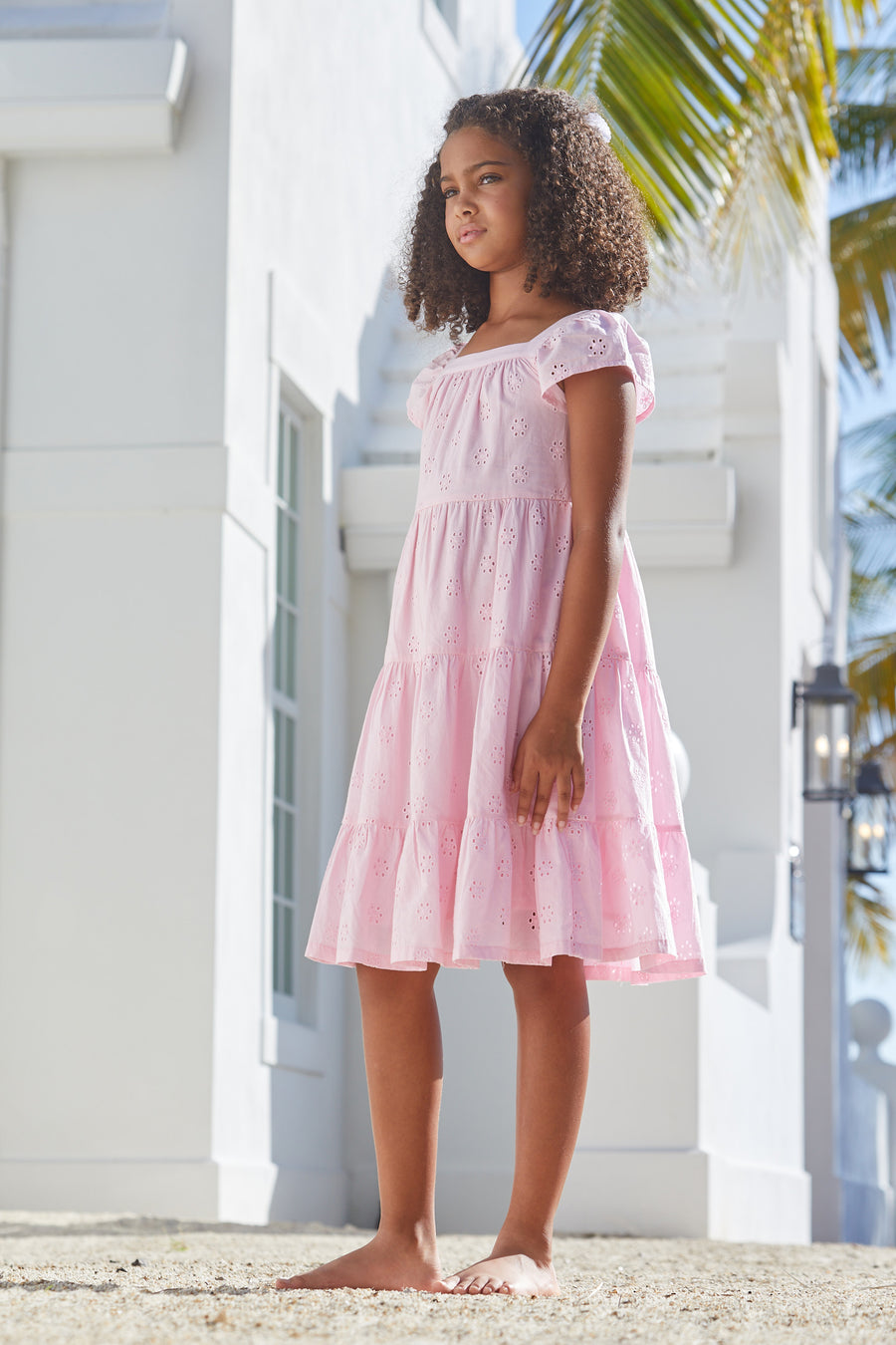Little English traditional children's clothing, girl's casual tiered eyelet dress in pink with flutter sleeve for Spring