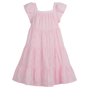 Little English traditional children's clothing, girl's casual tiered eyelet dress in pink with flutter sleeve for Spring