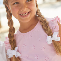Little English traditional children's clothing, girl's casual eyelet tank in pink with ruffle sleeve detail for Spring