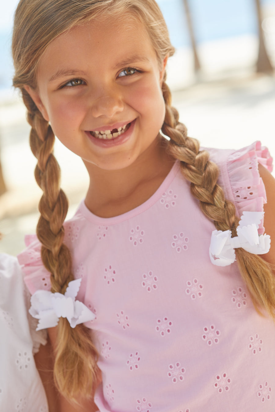 Little English traditional children's clothing, girl's casual eyelet tank in pink with ruffle sleeve detail for Spring