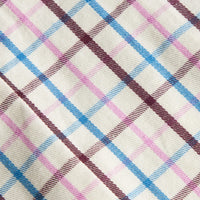 Little English traditional children's clothing. Blue, brown, and pink Wilmington Plaid fabric swatch