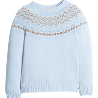little english classic children's clothing unisex light blue, cream, and brown fair isle sweater for fall 