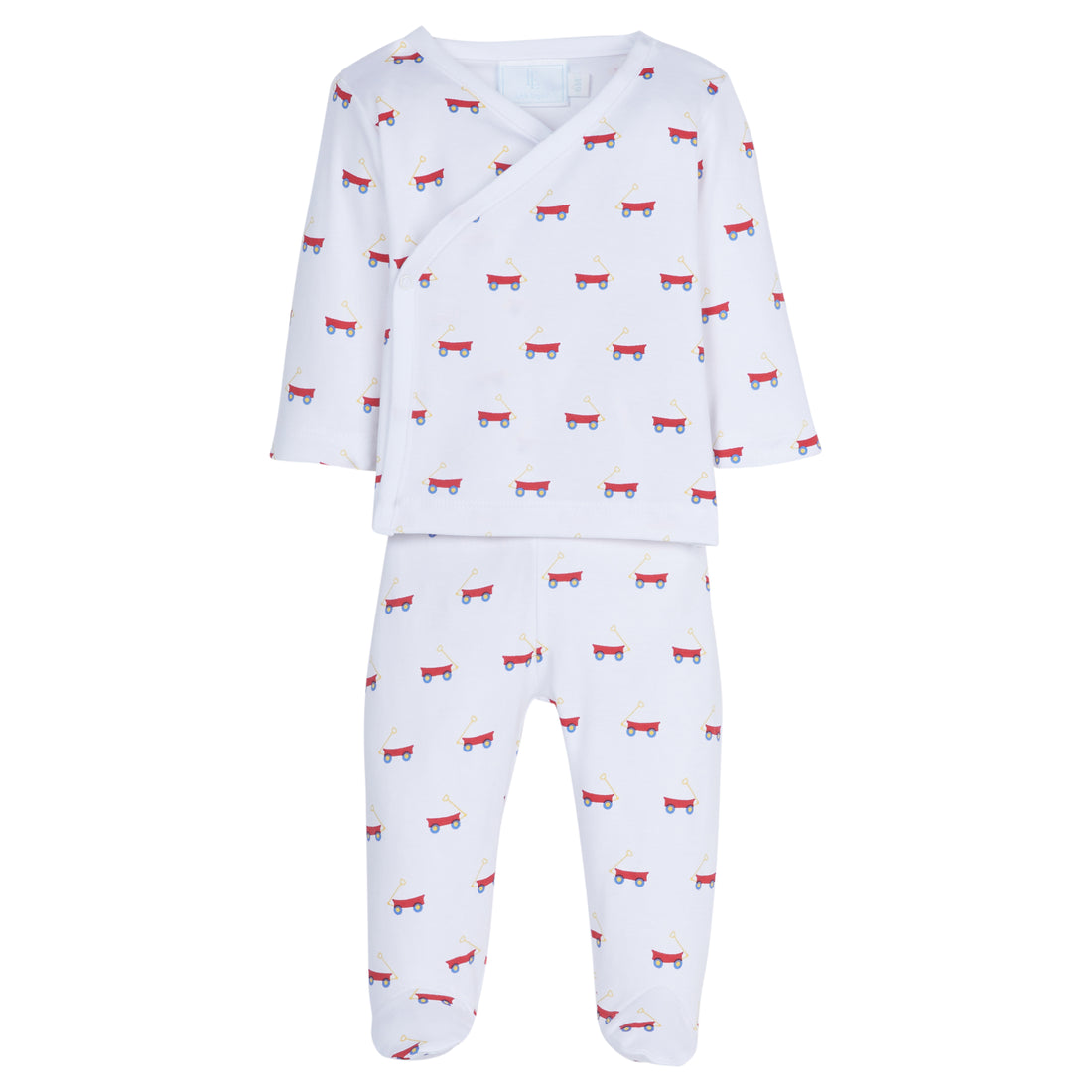 Little English, baby boys  pima knit set, long-sleeve wrap top with footed bottoms, white with red wagons