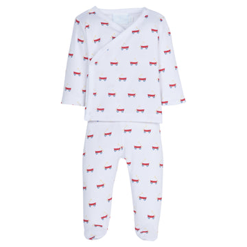 Little English, baby boys  pima knit set, long-sleeve wrap top with footed bottoms, white with red wagons