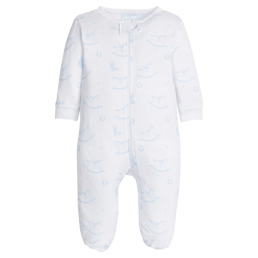 little english classic children's clothing baby boys zippered footie with blue rocking horse all over print 