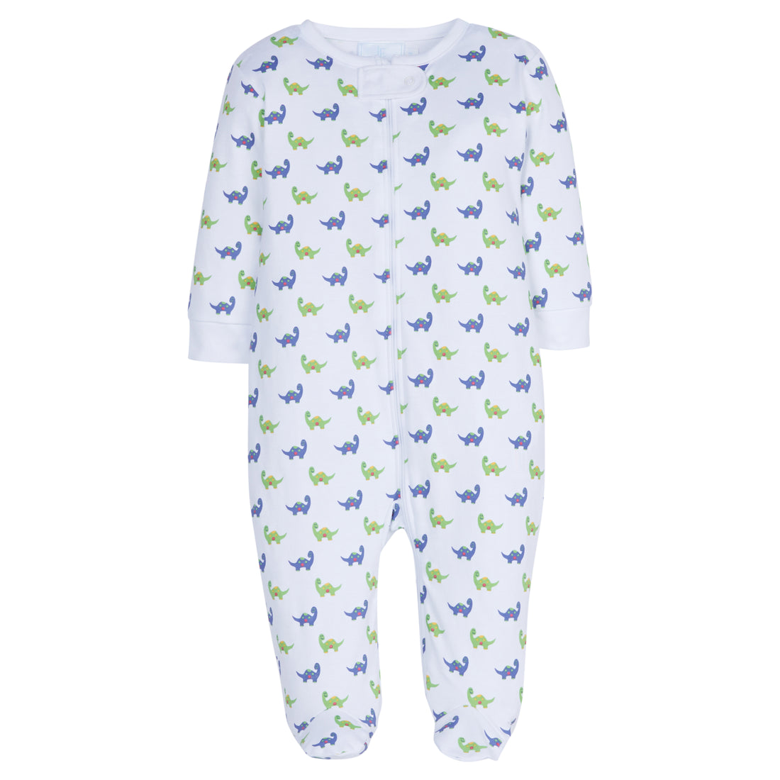 classic childrens clothing boys footie with blue and green dinosaurs, dinosaur print