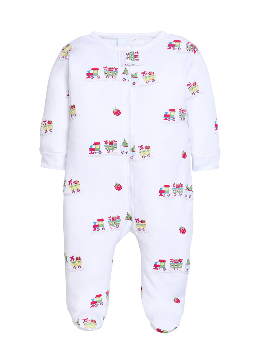 Little English pima cotton zippered footie for baby, christmas holiday train design