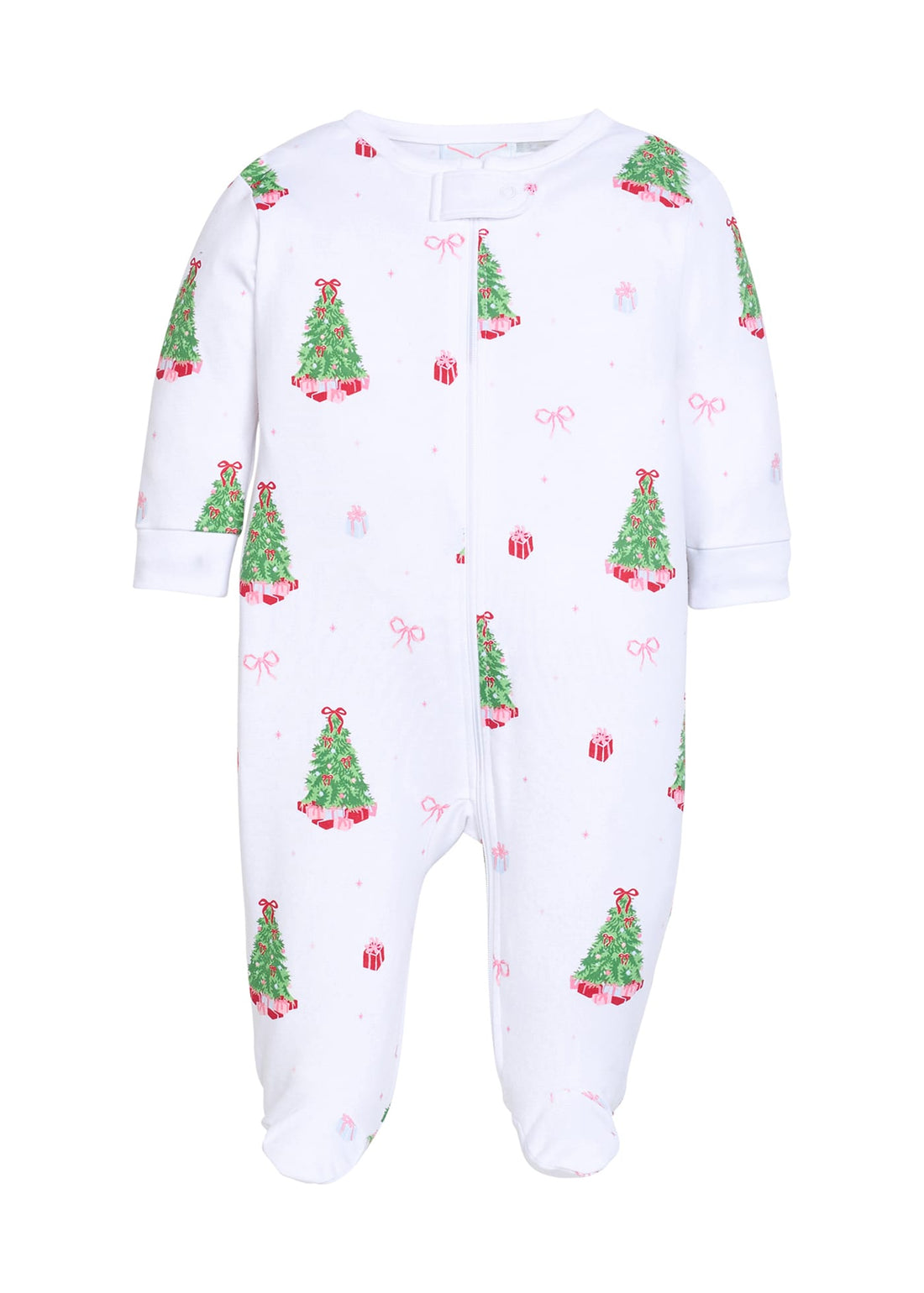 Little English pima cotton zippered footie for baby, christmas tree and present design