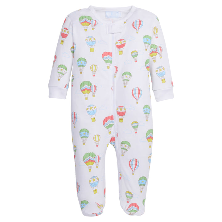 Little English unisex baby romper with hot air balloon print, zippered footie for infant