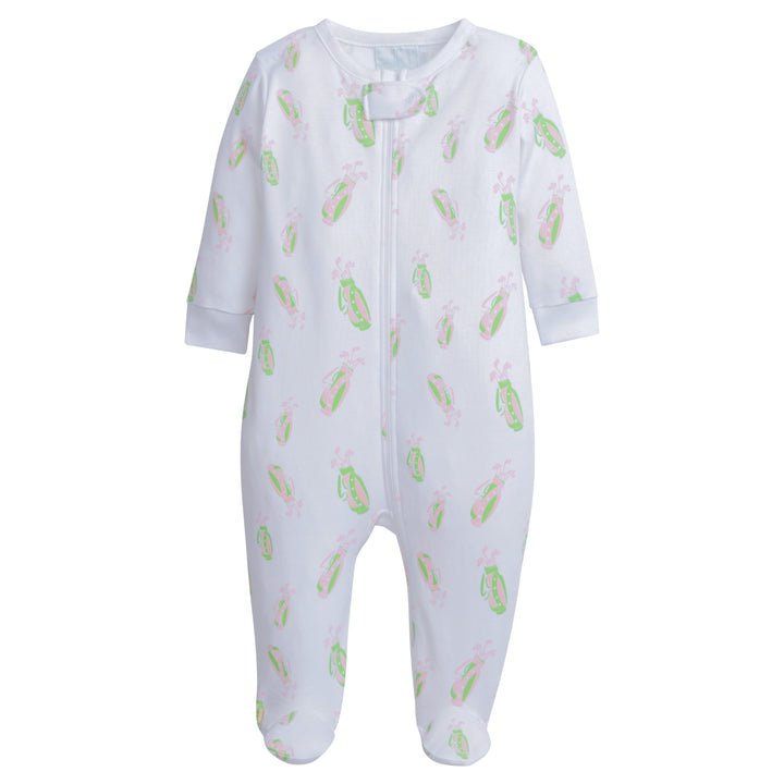 Little English classic children's clothing, baby long-sleeved footie with printed pink and green golf bag motif 