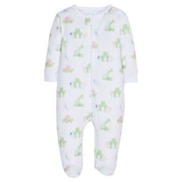 Little English classic children's clothing, baby long-sleeved footie with printed pink and green frog motif 