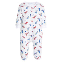 little english classic children's clothes baby boy white zippered footie with all over red and royal blue rocket ship print 