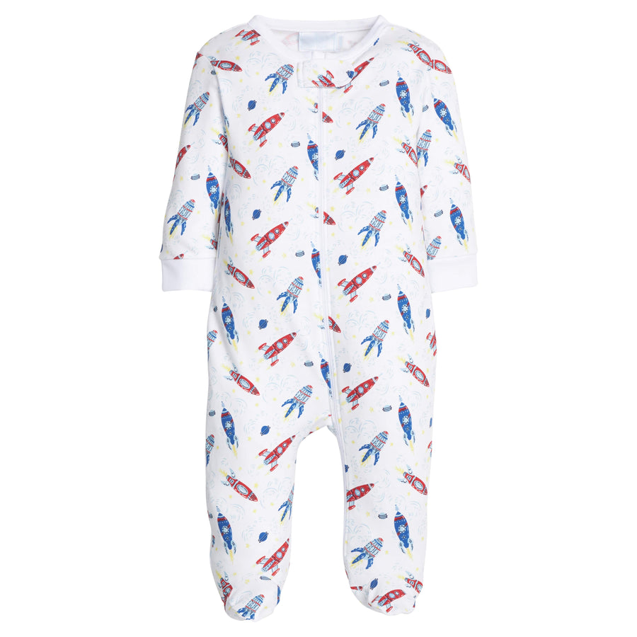 little english classic children's clothes baby boy white zippered footie with all over red and royal blue rocket ship print 