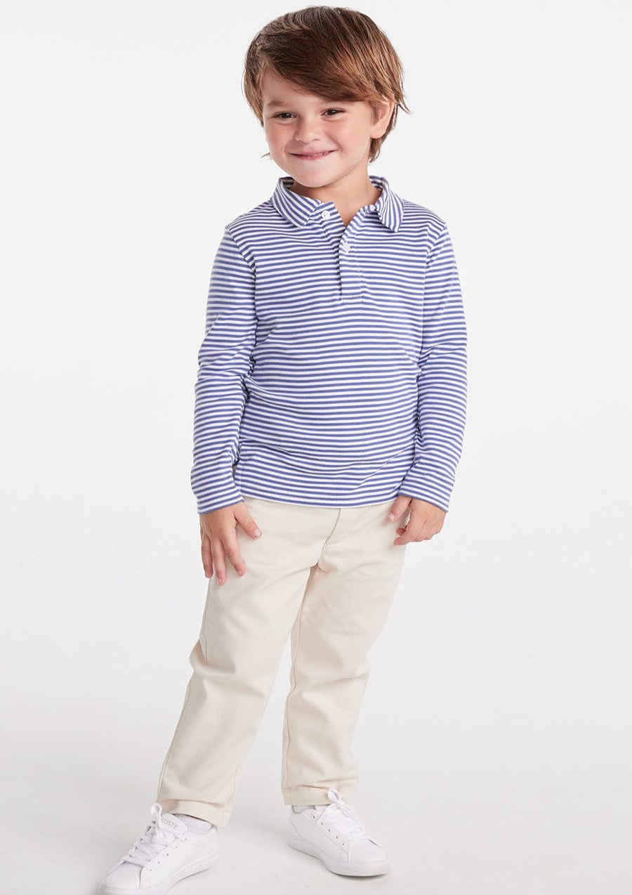 classic childrens clothing boys long sleeve polo in gray/blue and white stripes 