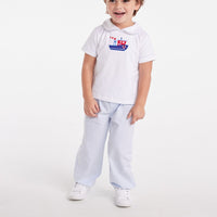 Little English toddler boy's peter pan pant set with tugboat applique 