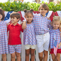 classic childrens clothing girls red white and blue gingham halter dress with red piping