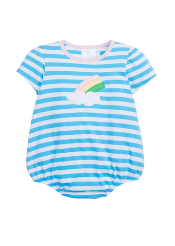 Little English baby girl's aqua and white striped bubble with rainbow applique