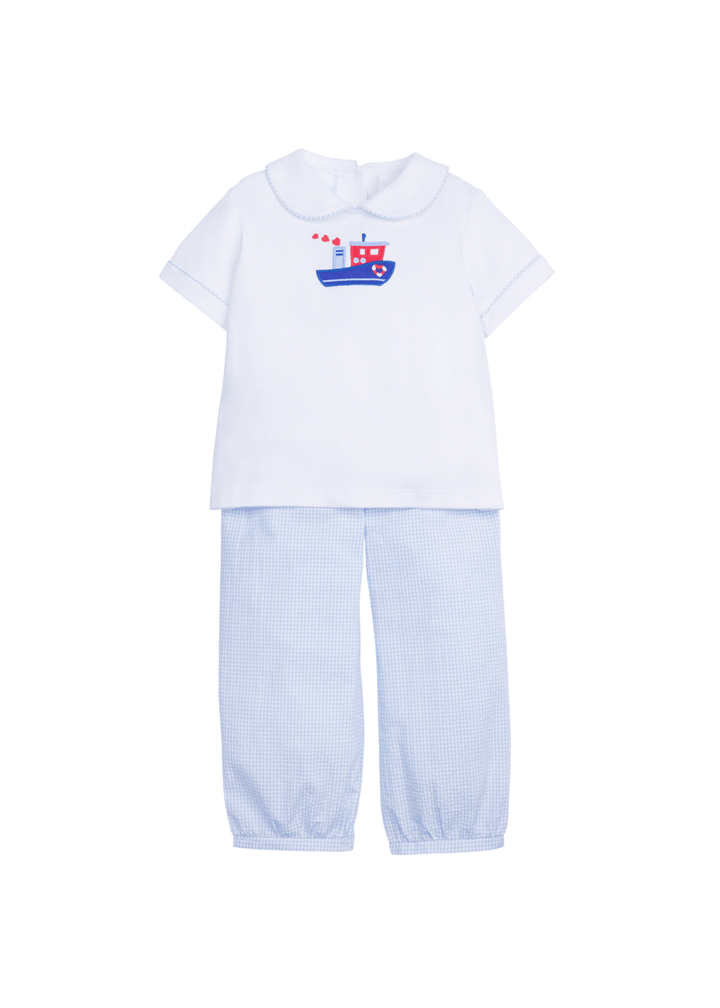 classic childrens clothing boys pant set with blue gingham pants and white peter pan shirt with tugboat heart applique