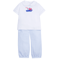 classic childrens clothing boys pant set with blue gingham pants and white peter pan shirt with tugboat heart applique