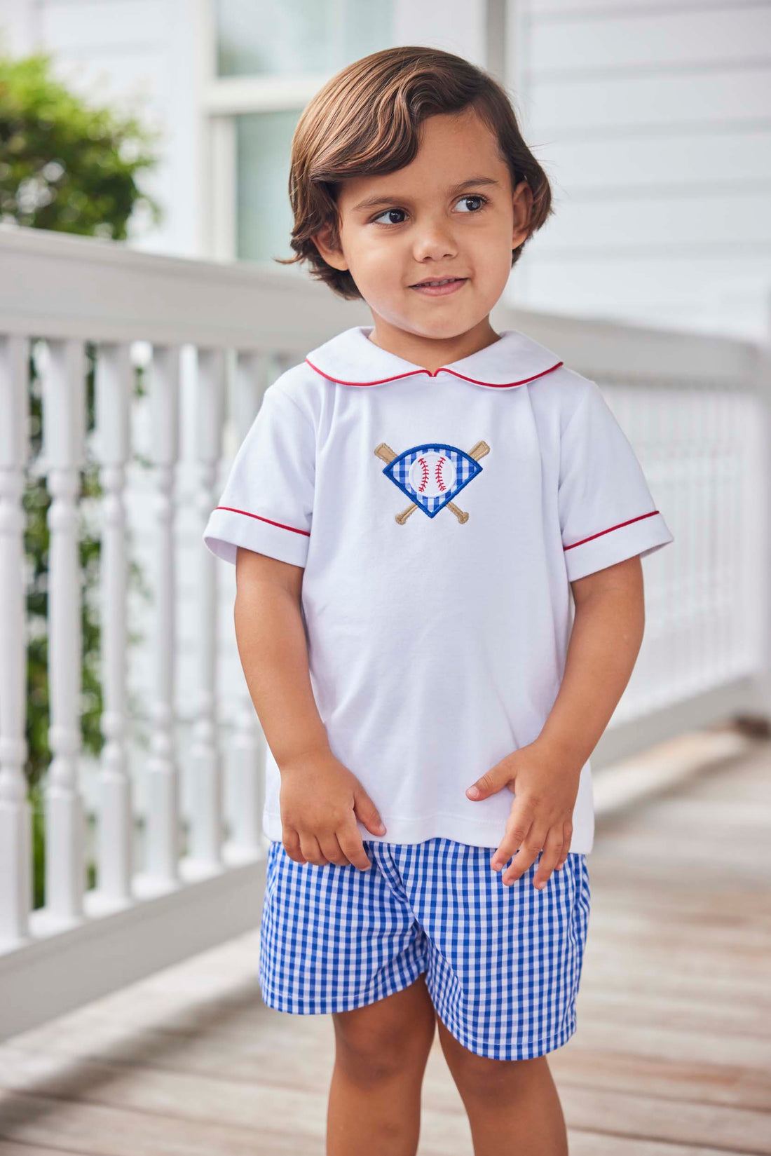 classic childrens clothing boy peter pan short set with blue gingham shorts and piped peter pan shirt with baseball applique