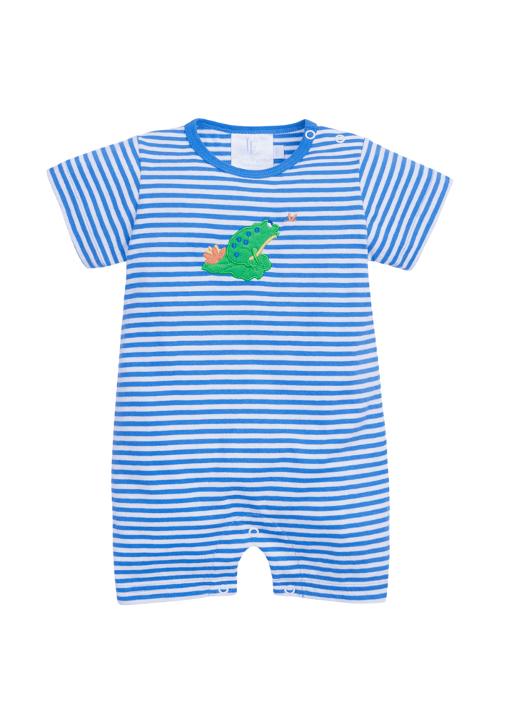 classic childrens clothing boys blue and white striped romper with frog applique