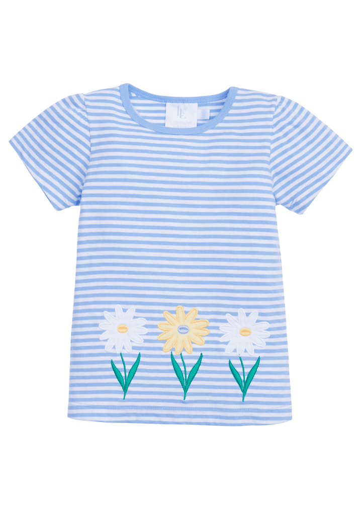 classic childrens clothing girls blue and white striped t-shirt with yellow and white daisies